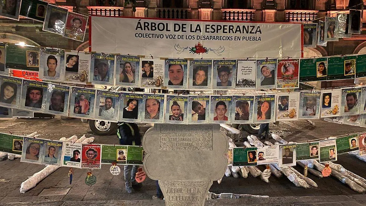 Madres buscadoras levantan árbol de la esperanza en el zócalo de Puebla